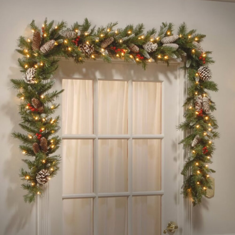 NIB National Tree Company 9 ft. Frosted Berry Garland with Clear Lights